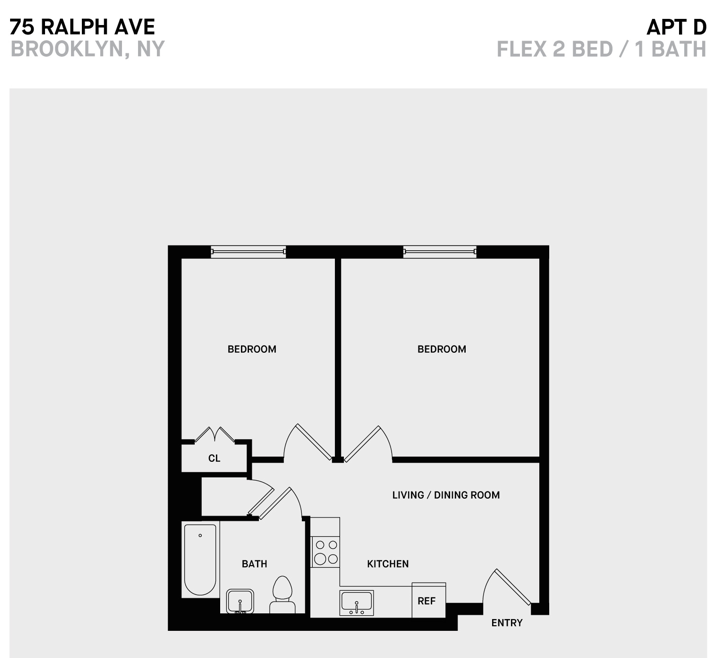 Floor plan for 2 beds, 1 bath, 543 sqft